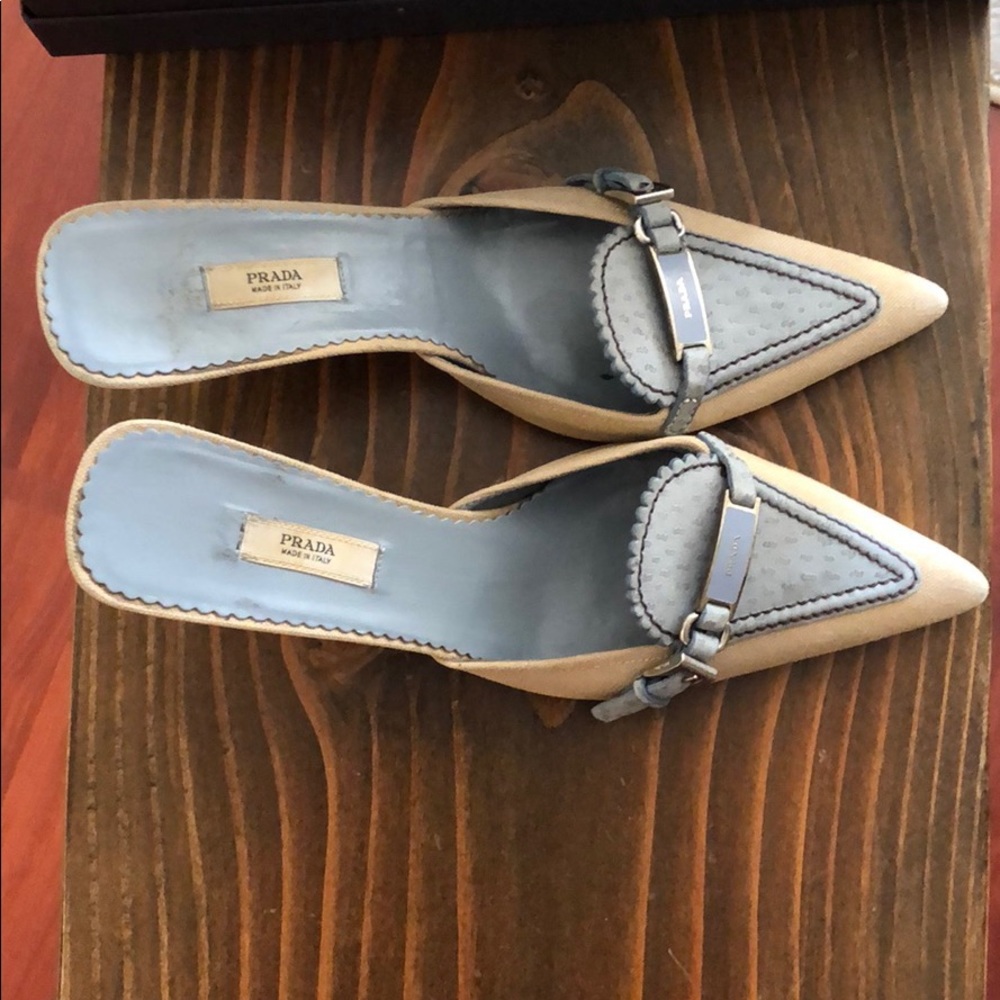 Prada Blue and Tan Heels